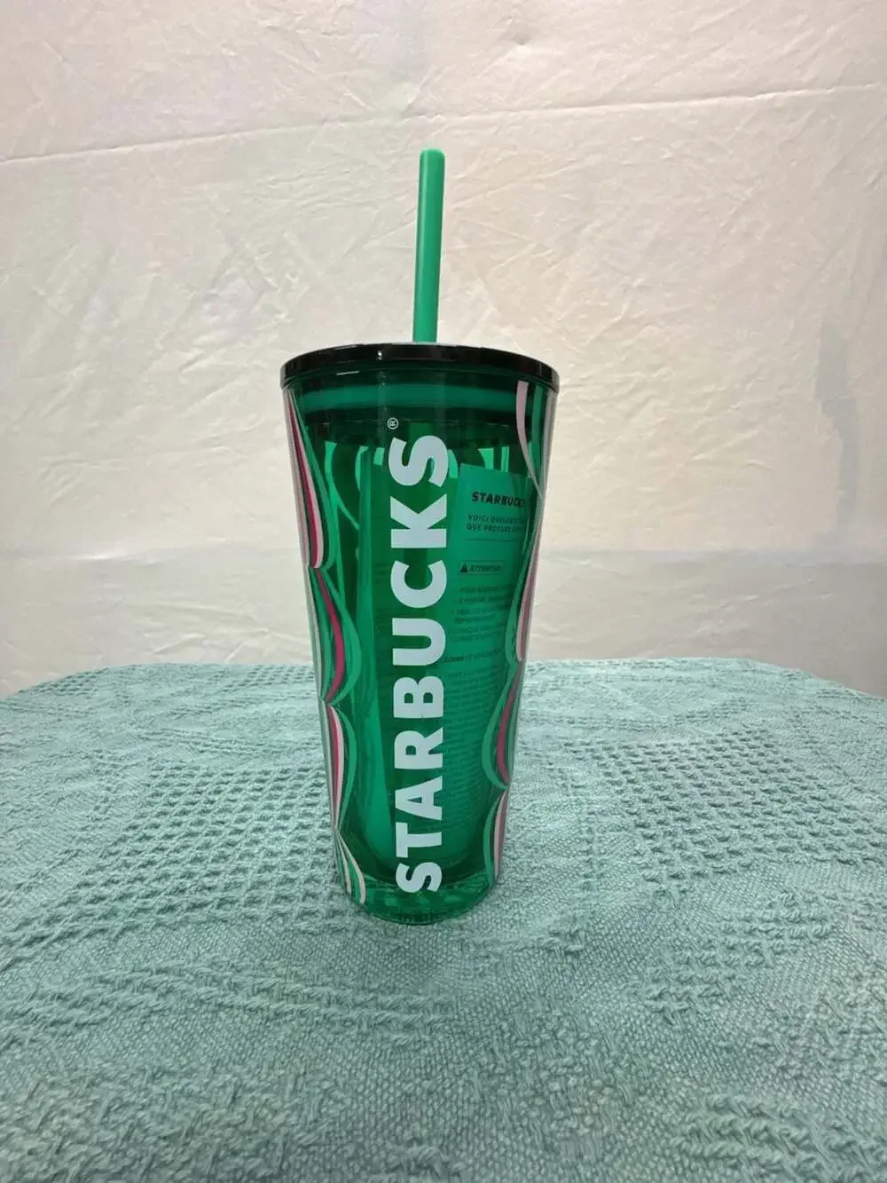 Starbucks 18 oz Holiday 2024 Green and Pink Striped Cold Cup Tumbler